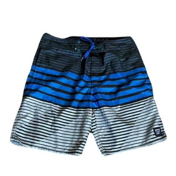 American Eagle Large 32 Blue Black Gray Board Short Swim Trunks - Picture 1 of 7